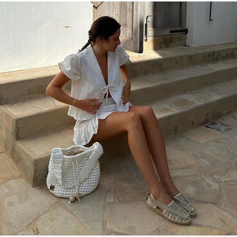 Lace Up Doll Collar Shirt Skirt Sets Short Puff Sleeve Top Suit Pleat Mini Skirts - MERGE.DAY.1.FREESTYLE
