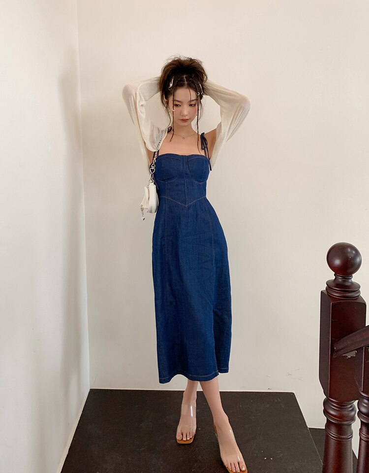 Summer Women Sexy Slip Denim Dress Strapless Lace-up High Waist Dress - MERGE.DAY.1.FREESTYLE