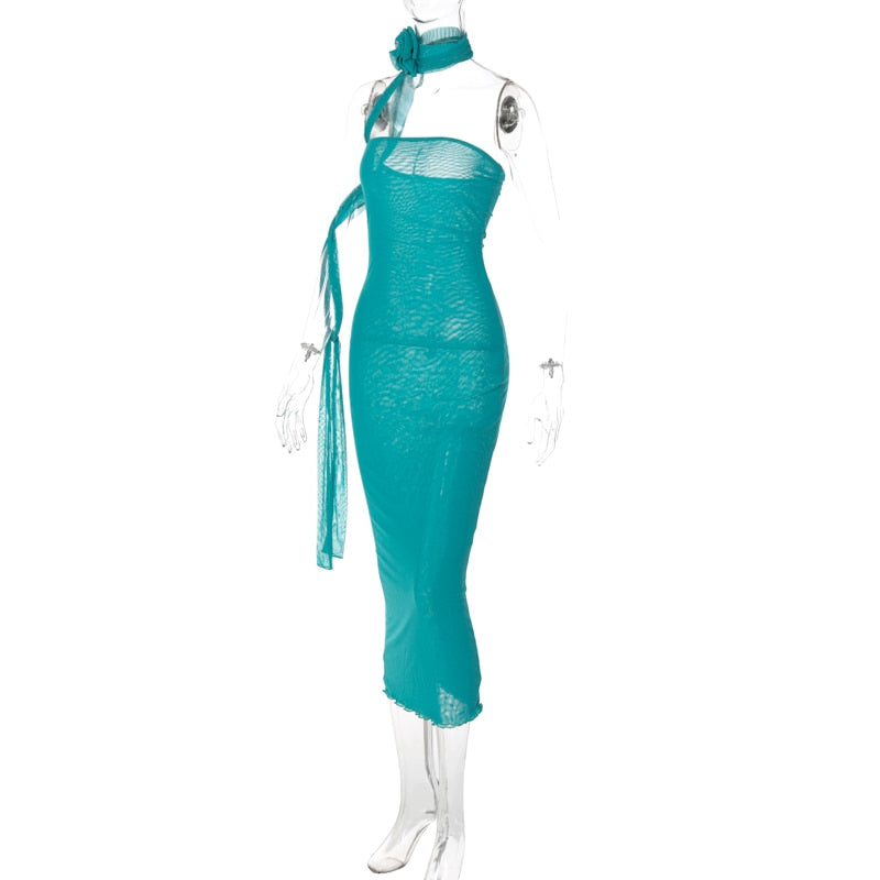 Mesh Flower Scarf Strapless Solid Elegant Sexy Bodycon Midi Prom Dress - MERGE.DAY.1.FREESTYLE