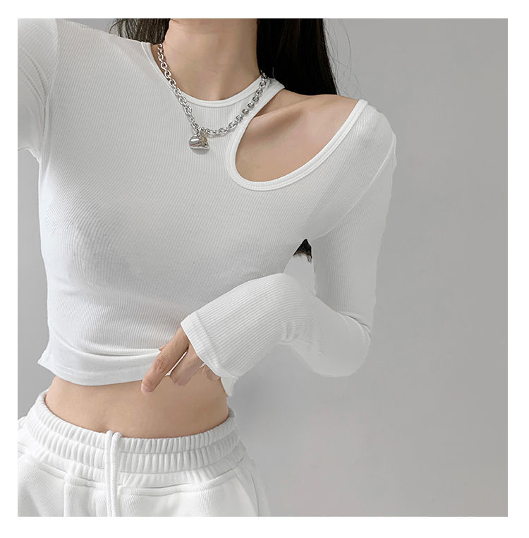 Hollow T-shirt Women Fashion Slim Y2K Cropped Tops Off Shoulder Long Sleeve Tees Woman - MERGE.DAY.1.FREESTYLE