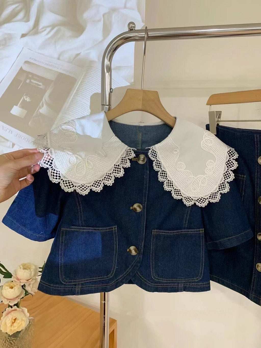 Summer Sweet Denim Suit Lace Peter Pan Collar Single Breasted Tops+high Waist A-line Skirts - MERGE.DAY.1.FREESTYLE