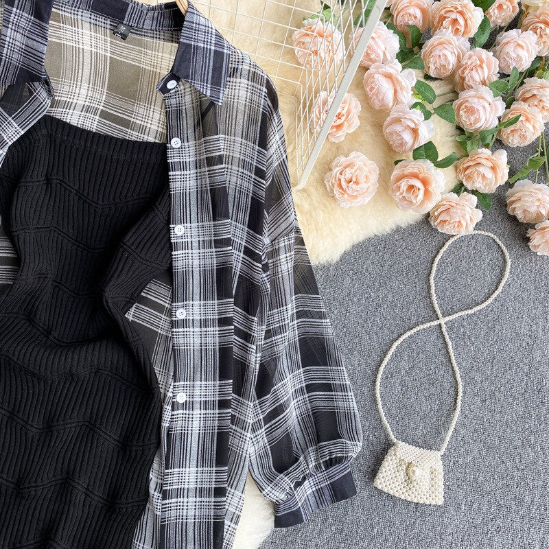 Summer Women Two Piece Set Plaid Long Sleeve Sunscreen Shirt+A-line Knitting Slip Dress - MERGE.DAY.1.FREESTYLE