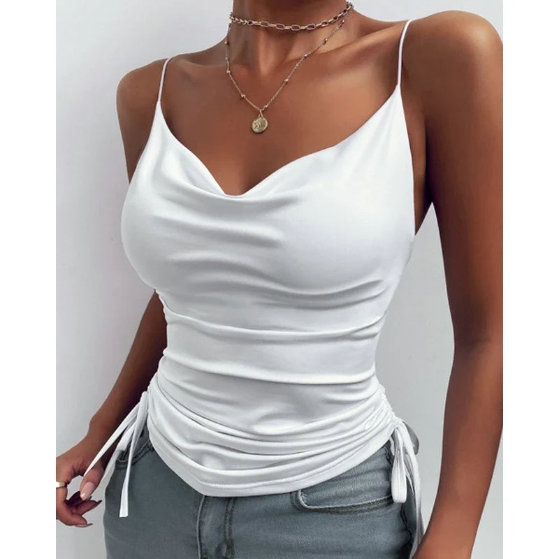 Tank Top V Neck Camisole Cami Drawstring Spaghetti Strap Top - MERGE.DAY.1.FREESTYLE