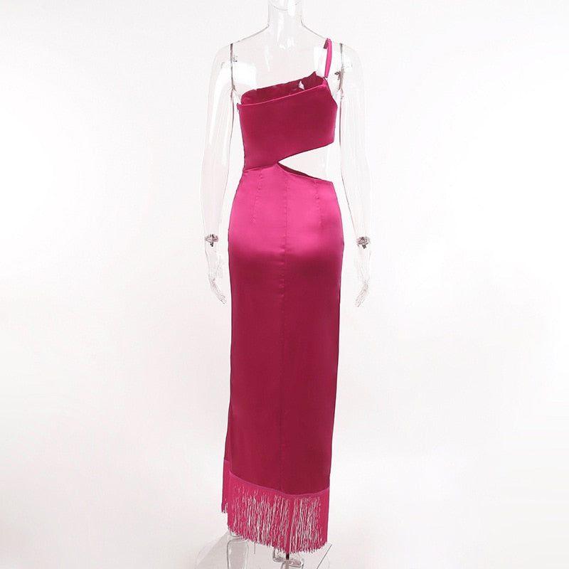 Elegant Women Diagonal Tassels Long Slip Party Dresses Sexy Off Shoulder Hollow Out Dress - MERGE.DAY.1.FREESTYLE