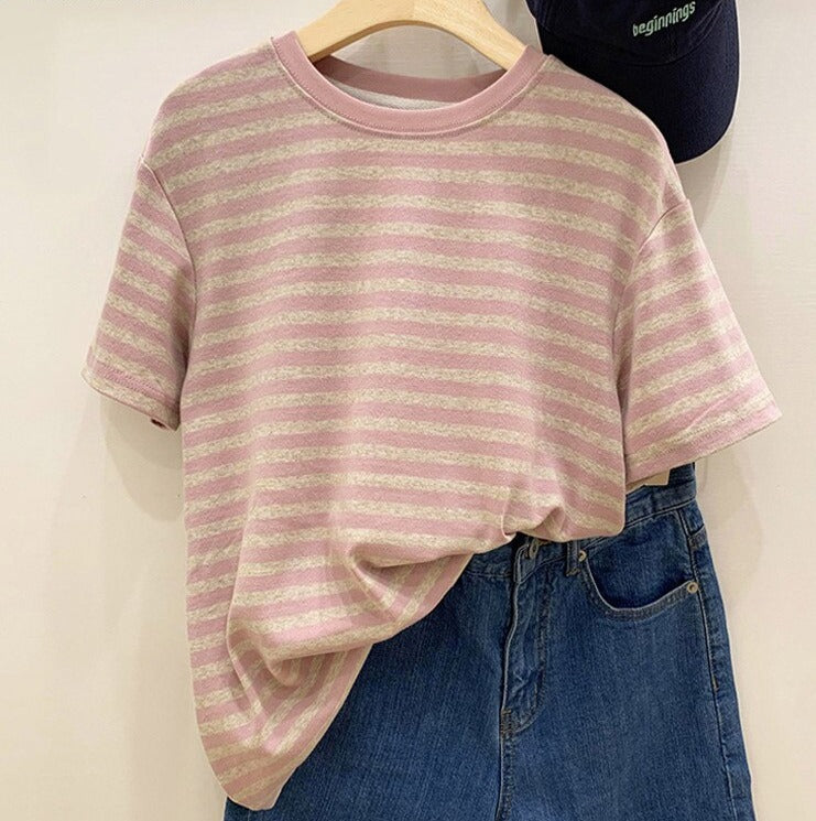 Casual O-neck Women Striped T-shirts Spring Summer Short Sleeve Loose Female Tops - MERGE.DAY.1.FREESTYLE