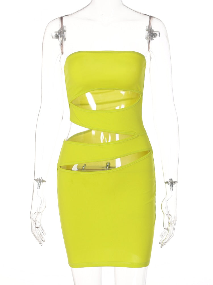 Off Shoulder Strapless Solid Hollow Out Mini Prom Dress Sexy Skinny - MERGE.DAY.1.FREESTYLE