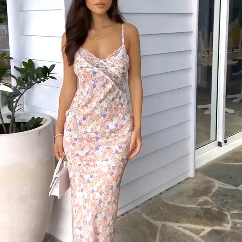 Print Sleeveless Strap Backless Lace Bodycon Dress - MERGE.DAY.1.FREESTYLE