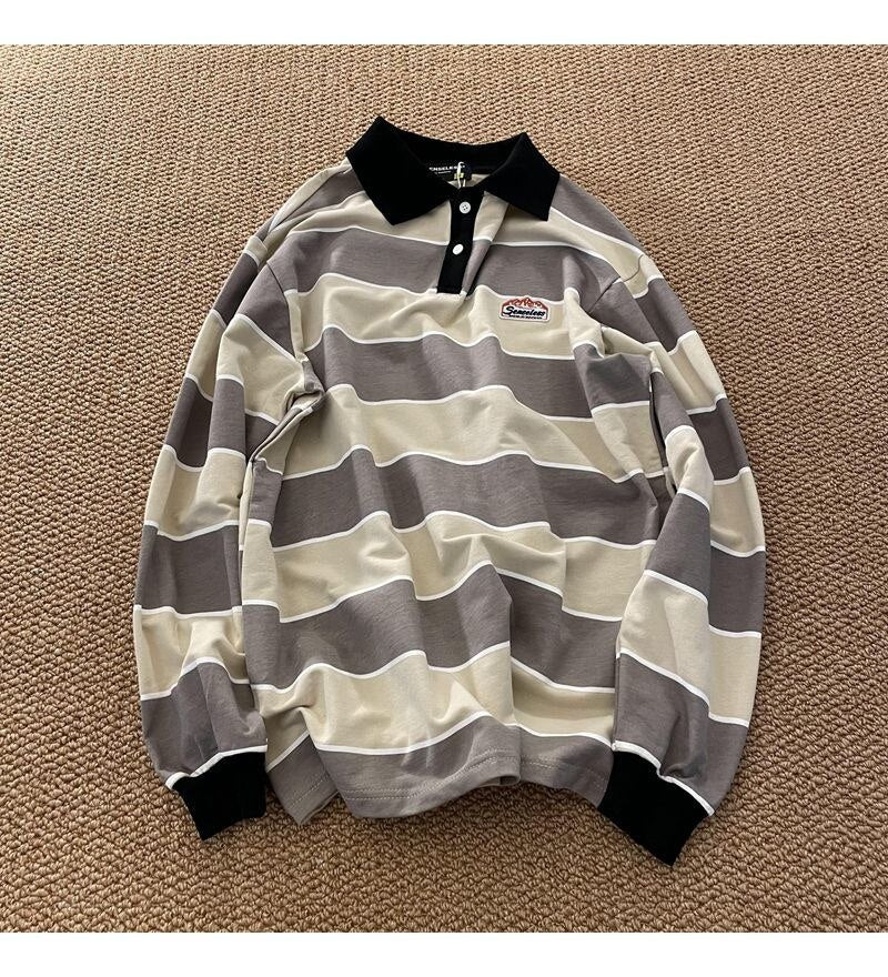 Striped POLO Shirt Men Women Casual Loose Couple BF Lapel Sweatshirts - MERGE.DAY.1.FREESTYLE