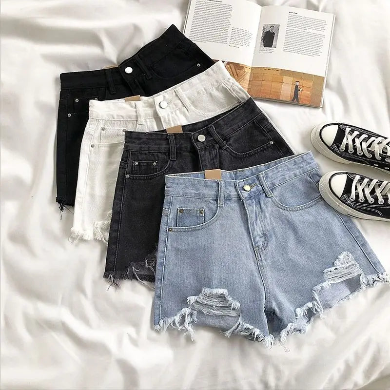 Pocket Tassel Perforated Denim Shorts Female - MERGE.DAY.1.FREESTYLE