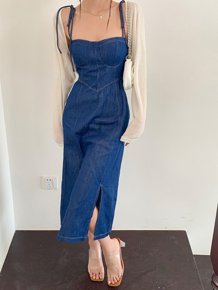 Summer Women Sexy Slip Denim Dress Strapless Lace-up High Waist Dress - MERGE.DAY.1.FREESTYLE