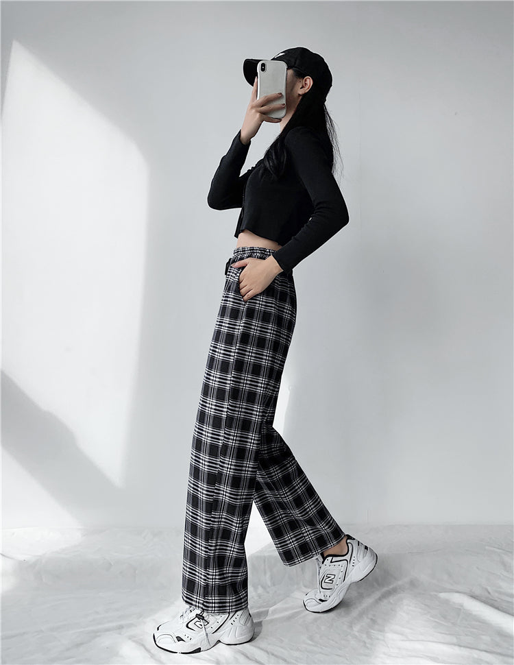 Plaid Pants Women High Waist Drawstring Loose Straight Baggy Pants 2022 Spring and Summer - MERGE.DAY.1.FREESTYLE