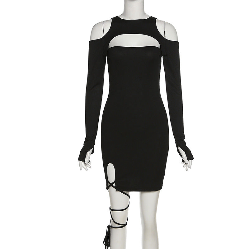 Hollow Out Long Sleeve Bandage Wrap Dress Women Off Shoulder Bodycon Mini Nightclub Dresses - MERGE.DAY.1.FREESTYLE