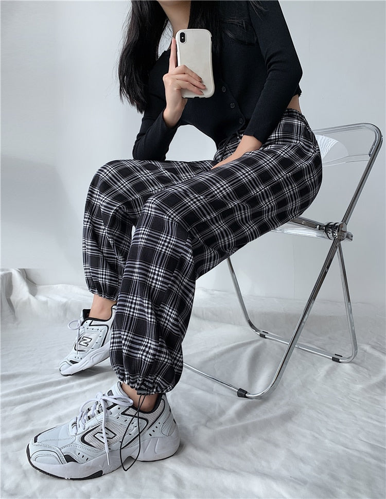 Plaid Pants Women High Waist Drawstring Loose Straight Baggy Pants 2022 Spring and Summer - MERGE.DAY.1.FREESTYLE
