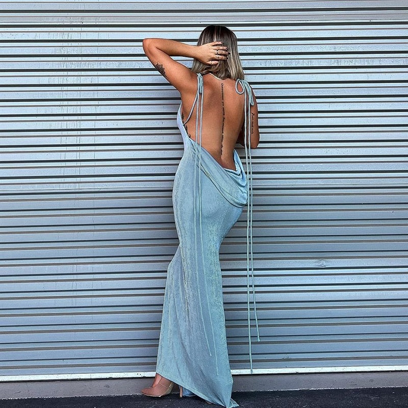 Collar Backless Sleeveless Drawstrings Hollow Out Slit Sexy Maxi Prom Dress - MERGE.DAY.1.FREESTYLE