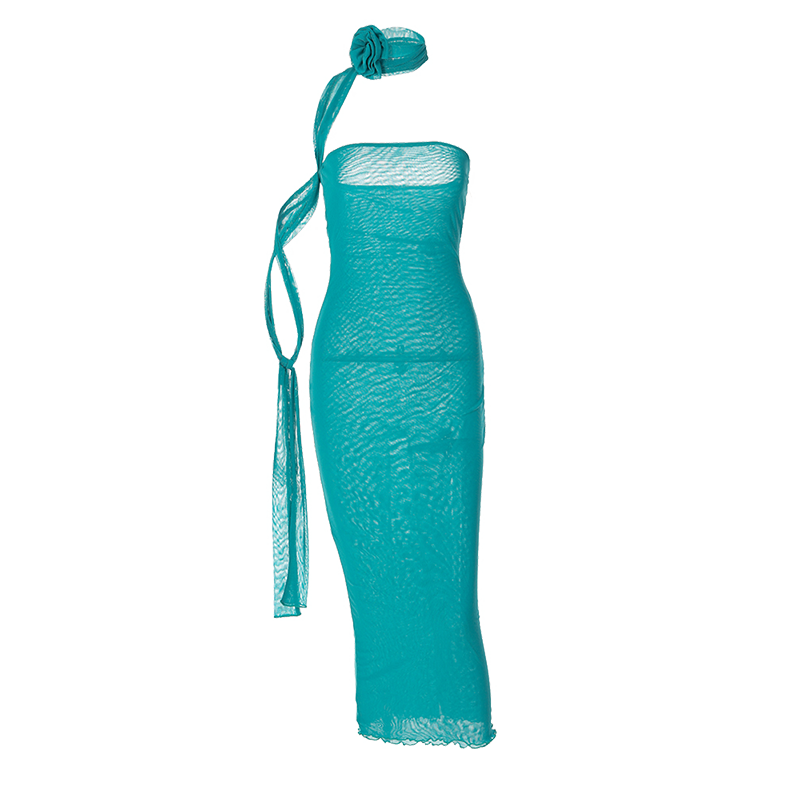 Mesh Flower Scarf Strapless Solid Elegant Sexy Bodycon Midi Prom Dress - MERGE.DAY.1.FREESTYLE