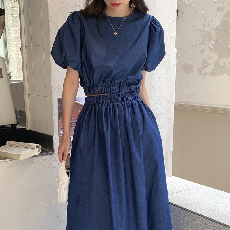 Women's Summer Cotton Denim Sets of Skirts Suit Chic Puff Sleeve Short Top with Umbrella Skirt - MERGE.DAY.1.FREESTYLE