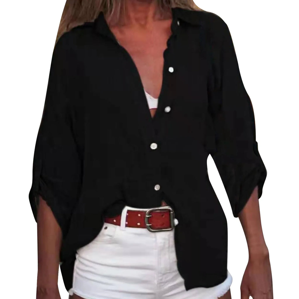Cotton Linen Blouse Shirts Summer Solid Color Short Sleeve Buttons Cardigan Shirts - MERGE.DAY.1.FREESTYLE