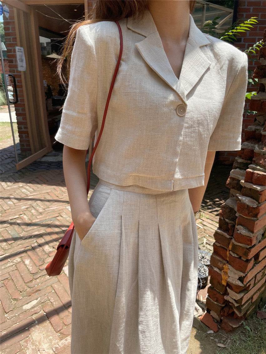 Cotton Linen Skirt 2 Two Piece Sets Outfits Female Short Sleeve Blazer Suits with High Waist - MERGE.DAY.1.FREESTYLE