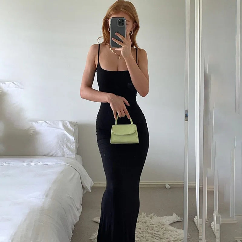 Spaghetti Strap Black Long Sleeveless Skinny Bodycon Dress Y2k - MERGE.DAY.1.FREESTYLE