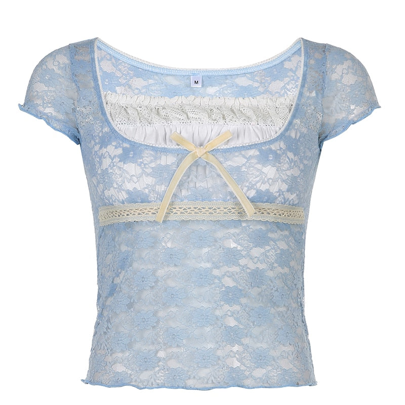 Trim Crop Top Bow Cute Sweet T Shirt Women Retro Short Sleeve Lace Patched Tshirt - MERGE.DAY.1.FREESTYLE