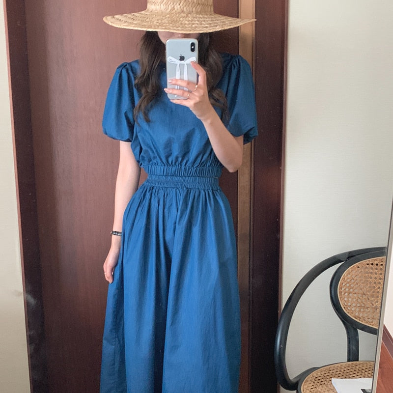 Women's Summer Cotton Denim Sets of Skirts Suit Chic Puff Sleeve Short Top with Umbrella Skirt - MERGE.DAY.1.FREESTYLE