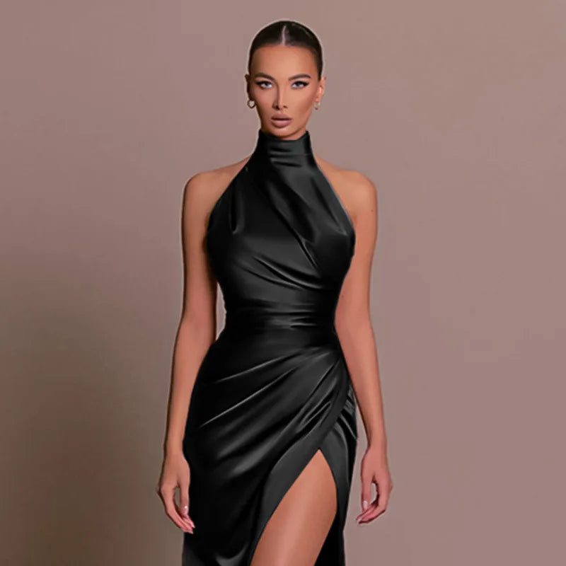 Satin Sleeveless Backless Halter Side Slit Sexy Elegant Maxi Dress - MERGE.DAY.1.FREESTYLE