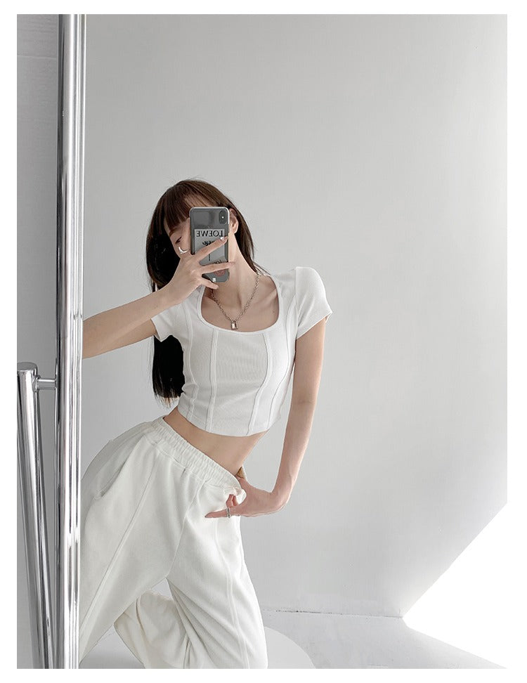 Vintaege Y2K Tops Women Summer Square Collar Short Sleeve T-shirt Fishbone Line Slim Crop - MERGE.DAY.1.FREESTYLE