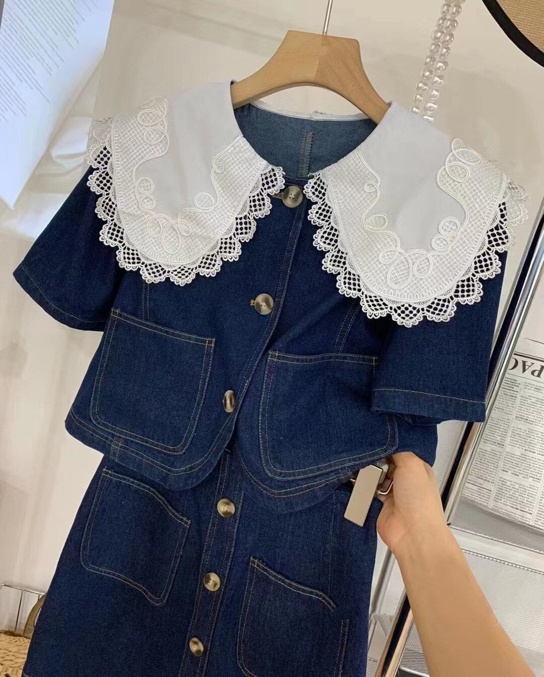 Summer Sweet Denim Suit Lace Peter Pan Collar Single Breasted Tops+high Waist A-line Skirts - MERGE.DAY.1.FREESTYLE