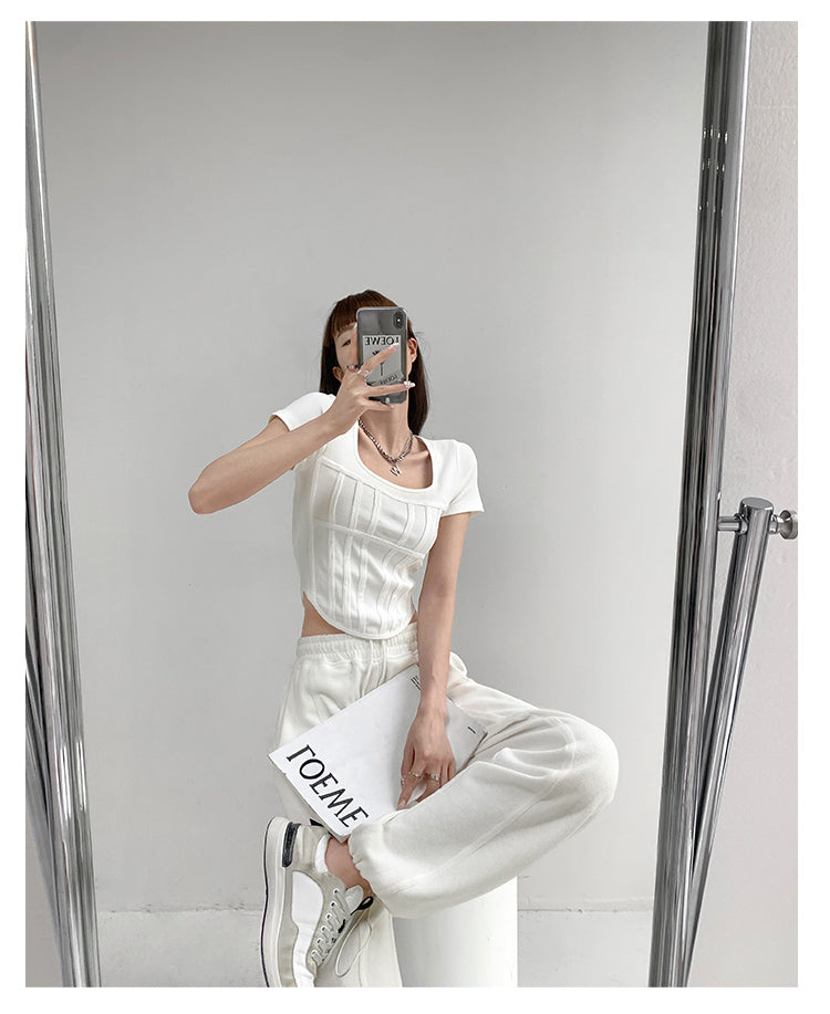 Summer Bright Line White T-shirt Women Slim Square Neck Short Sleeve Cropped Tops Female - MERGE.DAY.1.FREESTYLE