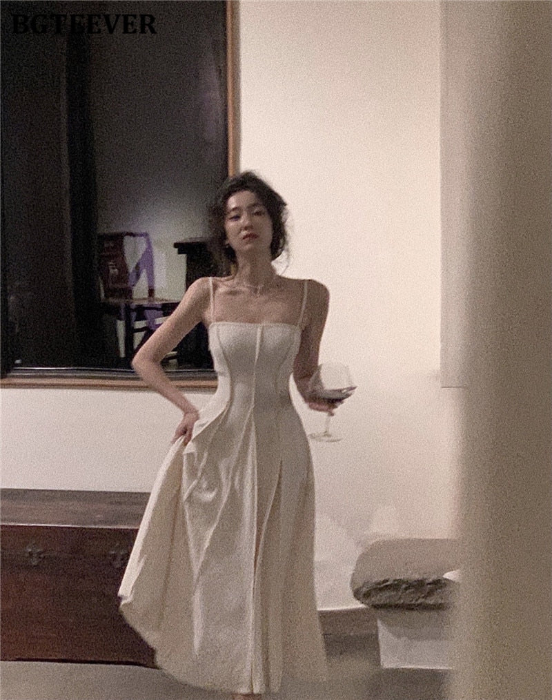 Vintage Spaghetti Strap A-line Dress Summer Slim Waist Sleeveless Mid-Length vestidos - MERGE.DAY.1.FREESTYLE