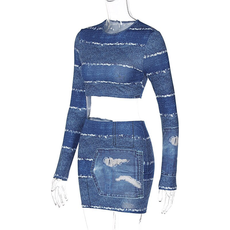 Print O Neck Long Sleeve Vintage Sexy Crop Top Patchwork Skirt 2 Pcs Set - MERGE.DAY.1.FREESTYLE