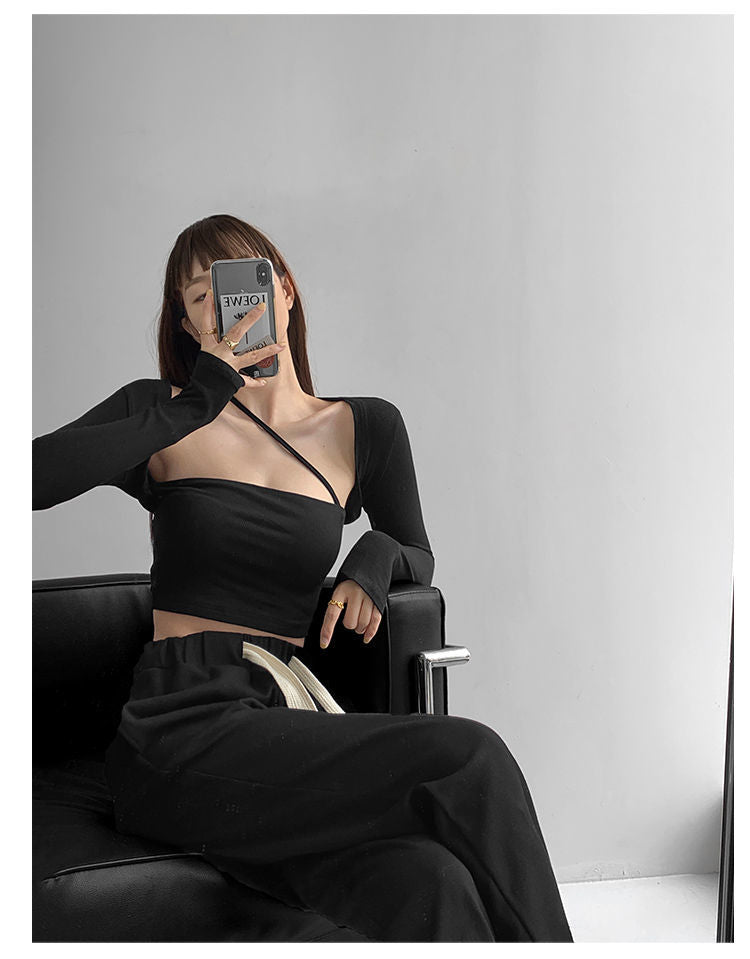 Cropped Tops Women Square Collar Slanted Shoulder Straps Halter Neck Long Sleeve T-shirt - MERGE.DAY.1.FREESTYLE