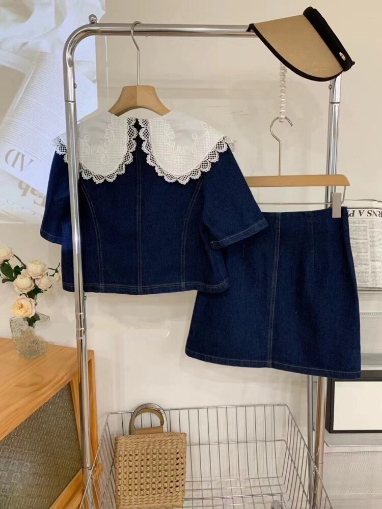 Summer Sweet Denim Suit Lace Peter Pan Collar Single Breasted Tops+high Waist A-line Skirts - MERGE.DAY.1.FREESTYLE