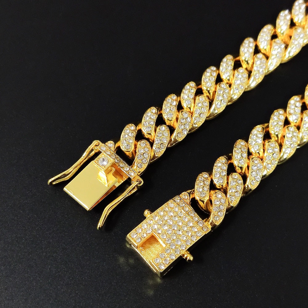 13MM AAA Rhinestone Iced Out Miami Cuban Link Chain Hip Hop Necklace - MERGE.DAY.1.FREESTYLE