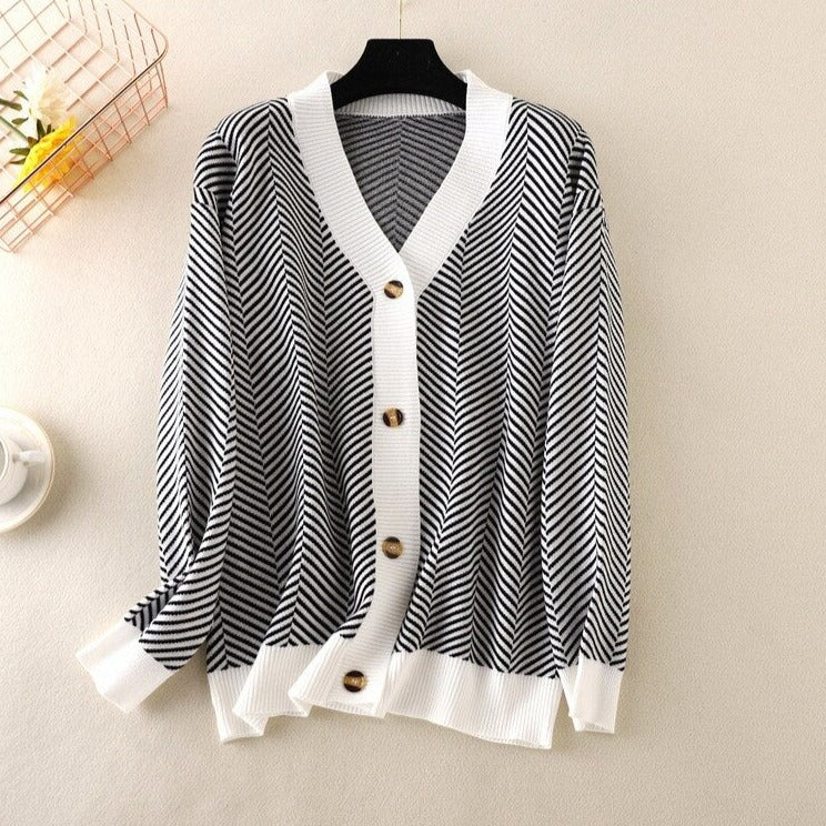 V-neck Striped Cardigans Sweaters Long Sleeve Loose Knitted Open Stitch Outwear - MERGE.DAY.1.FREESTYLE