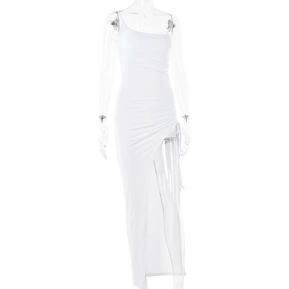 Drawstring High Slit Shoulder Slim Elastic Maxi Bodycon Dress - MERGE.DAY.1.FREESTYLE