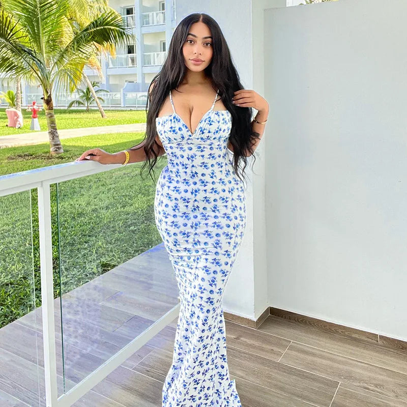 Elegant Floral Beach Vacation Bodycon Streetwear Long Dress - MERGE.DAY.1.FREESTYLE