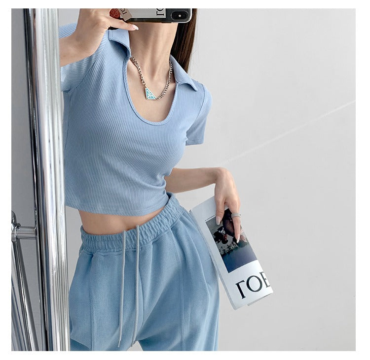 Y2K Tops Women U-shaped Lapel Short Sleeve Tees Summer High Waist Thread Crop Top - MERGE.DAY.1.FREESTYLE