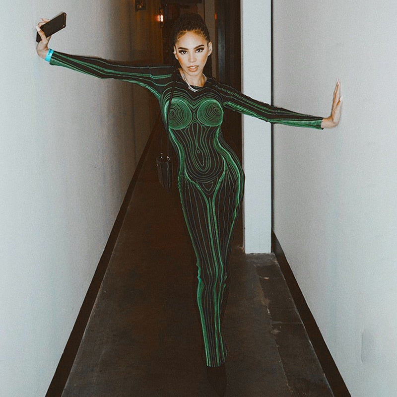 Striped Print Long Sleeve See Through Sexy Bodycon Maxi Dress - MERGE.DAY.1.FREESTYLE