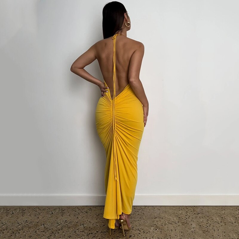 Halter Bandage Sleeveless Backless Shirring Draped Maxi Dress Sexy Streetwear - MERGE.DAY.1.FREESTYLE