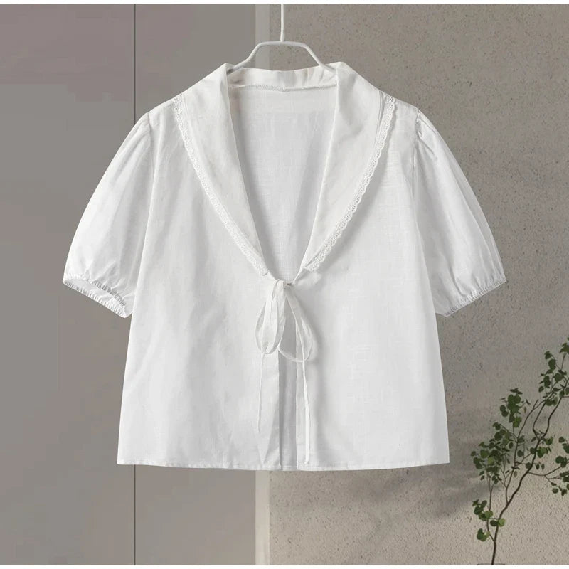 Lace Up Doll Collar Shirt Skirt Sets Short Puff Sleeve Top Suit Pleat Mini Skirts - MERGE.DAY.1.FREESTYLE