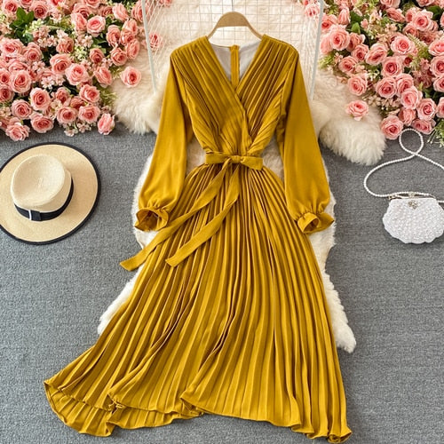 Slim Dress Elegant A Line V Neck Puff Sleeve Chiffon Pullover Mid-Calf Dresses - MERGE.DAY.1.FREESTYLE