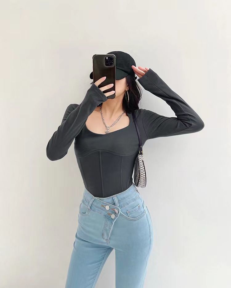 High Waist Cropped Tops Women Fashion Square Neck Long Sleeve T-Shirt Slim Basic Y2K Tees - MERGE.DAY.1.FREESTYLE