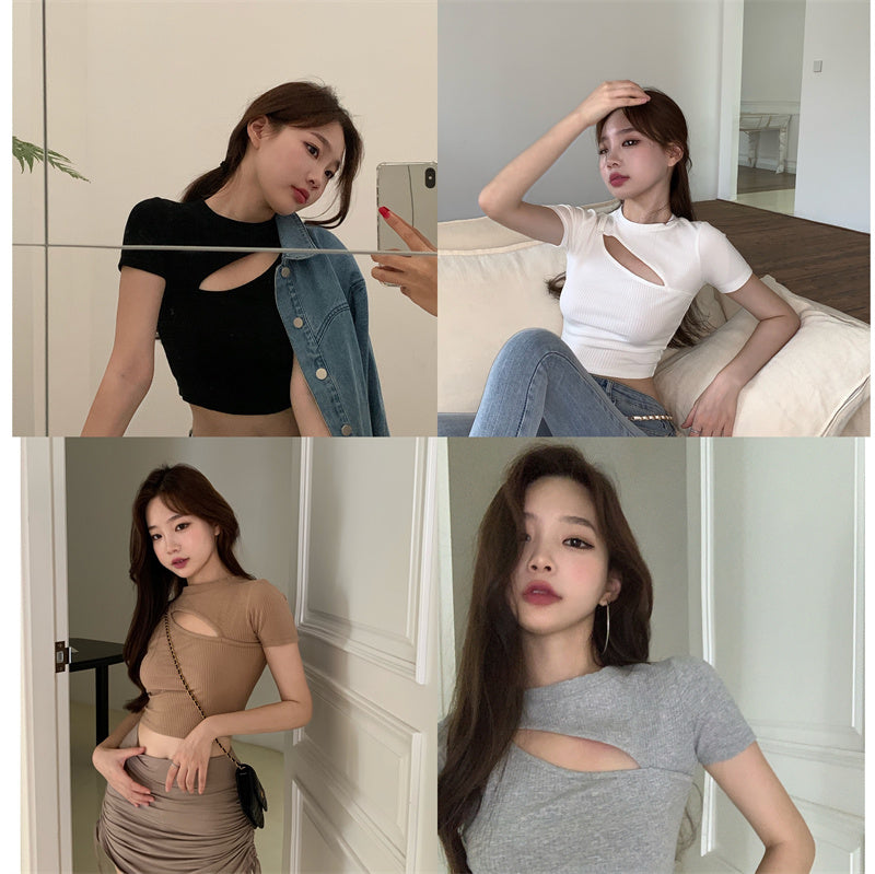 T Shirt Women Summer Hollow Crewneck Cropped Tops Irregular Tight Fitting Short Sleeve - MERGE.DAY.1.FREESTYLE