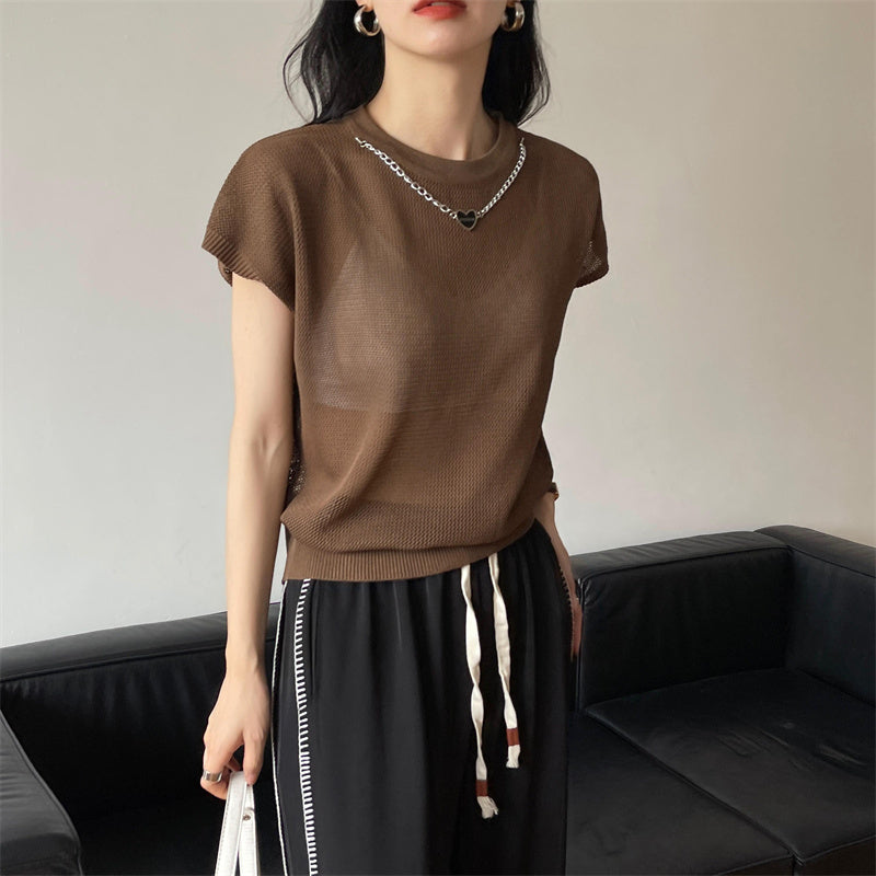 Hollow T-shirt Chain Women Summer New Solid Color Short Sleeve Knitted Tops Female 2022 - MERGE.DAY.1.FREESTYLE