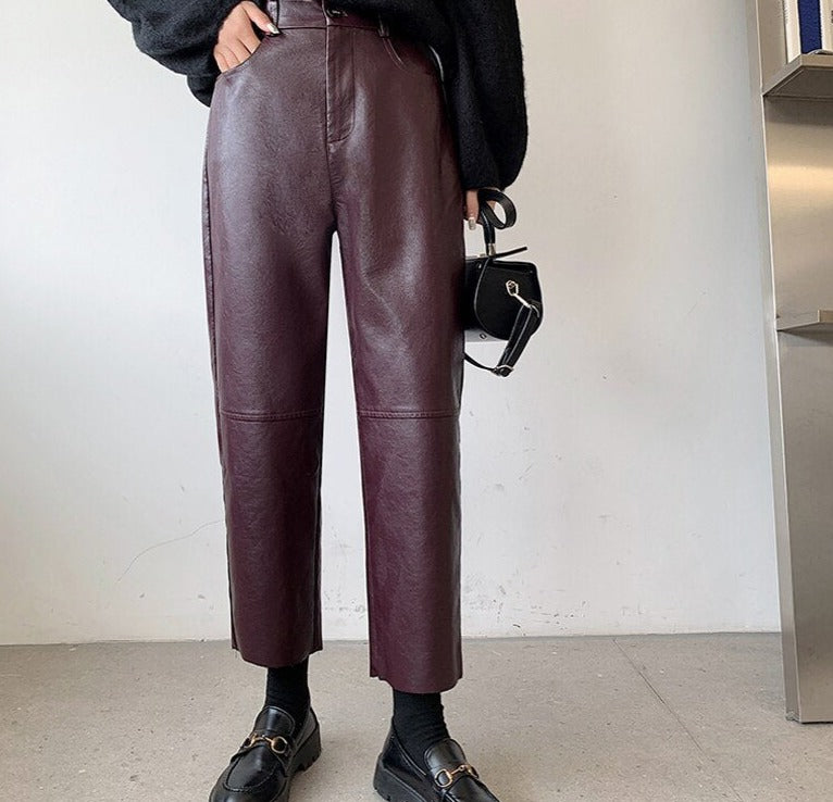 Spring Autumn PU Leather Pants Women High Waist Pockets Faux Leather Harem Pants - MERGE.DAY.1.FREESTYLE