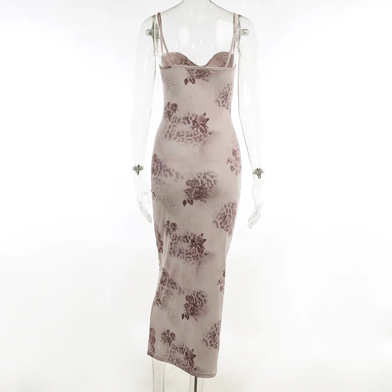 Sleeveless V-neck Backless Bodvcon Printed Spaghetti Strap Dress - MERGE.DAY.1.FREESTYLE