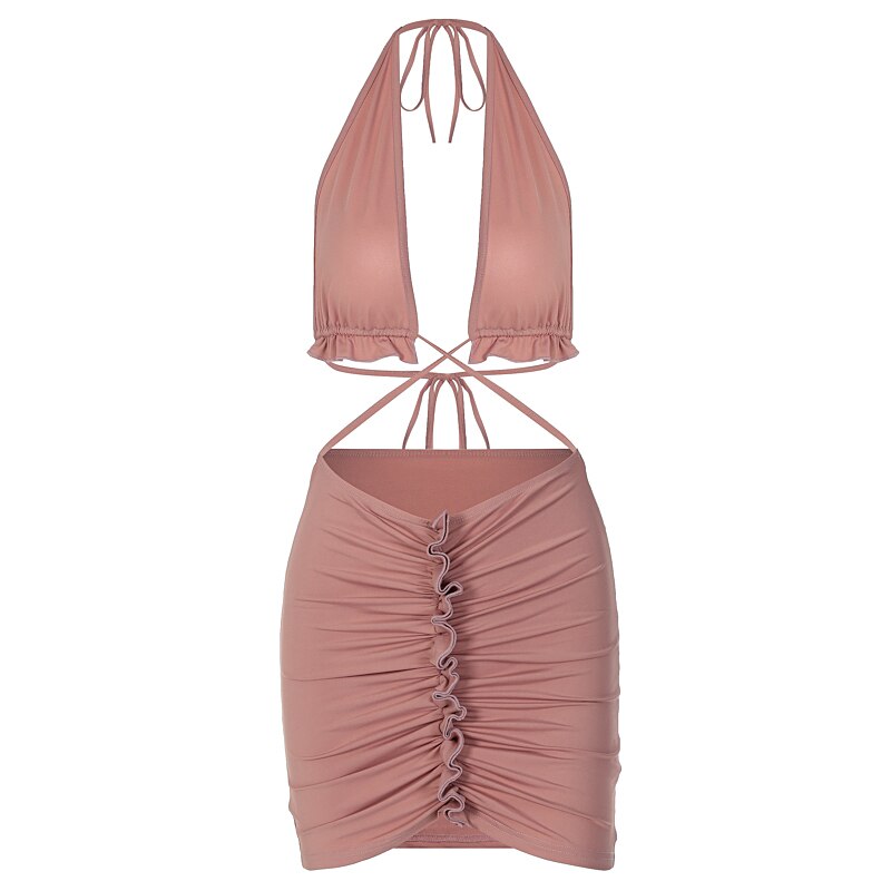 Ruffled Solid Halter Hollow Out Sleeveless Crop Top Pleated Skirts 2 Pieces Set - MERGE.DAY.1.FREESTYLE