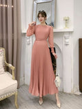 O-neck Long Sleeve A-line Dress Office Lady Pleated Maxi Dress - MERGE.DAY.1.FREESTYLE