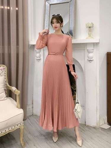 O-neck Long Sleeve A-line Dress Office Lady Pleated Maxi Dress - MERGE.DAY.1.FREESTYLE
